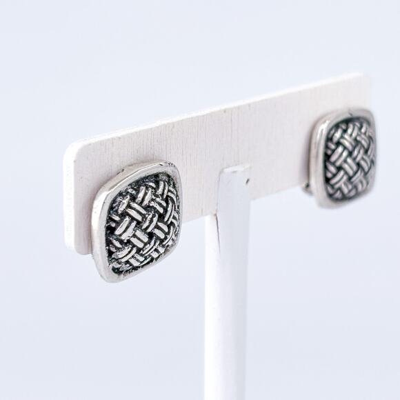 Vintage Sterling Silver 925 1.5cm Textured Basketweave Clip-On Earrings - Picture 4 of 8